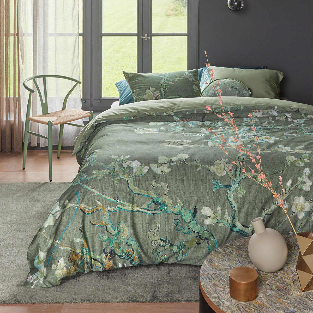 NNEDSZ Bedding House Blossoming Green Cotton Sateen Quilt Cover Set Queen