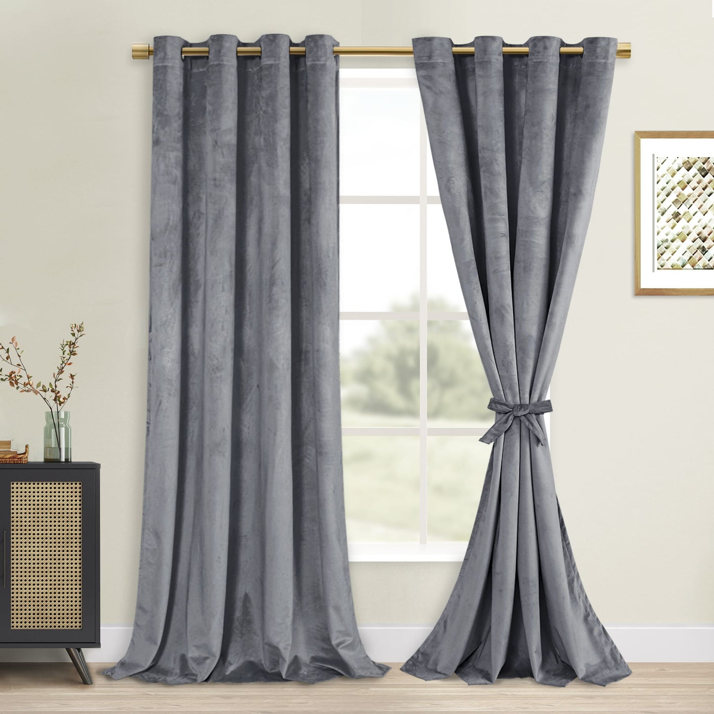 DWCN Velvet Blackout Curtains with Tiebacks, Set of 2 Panels-5