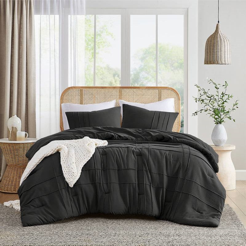 King size Pre-Washed Pleated Microfiber Comforter Set in Black-0