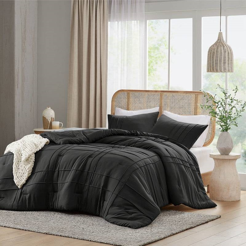King size Pre-Washed Pleated Microfiber Comforter Set in Black-1