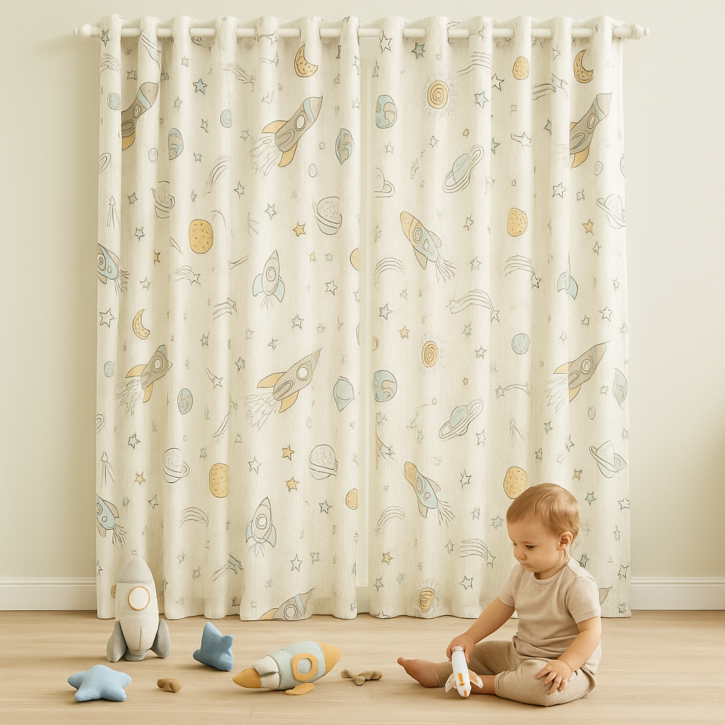 Vaikiškos lininės užuolaidos su raketų raštu – natūralus linas, individualūs išmatavimai, šviesos filtravimo arba užtemdymo pamušalas