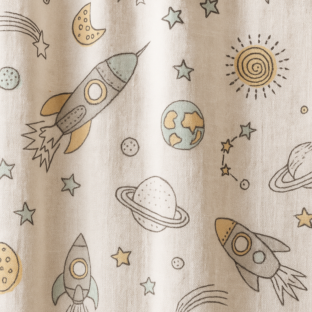 Vaikiškos lininės užuolaidos su raketų raštu – natūralus linas, individualūs išmatavimai, šviesos filtravimo arba užtemdymo pamušalas