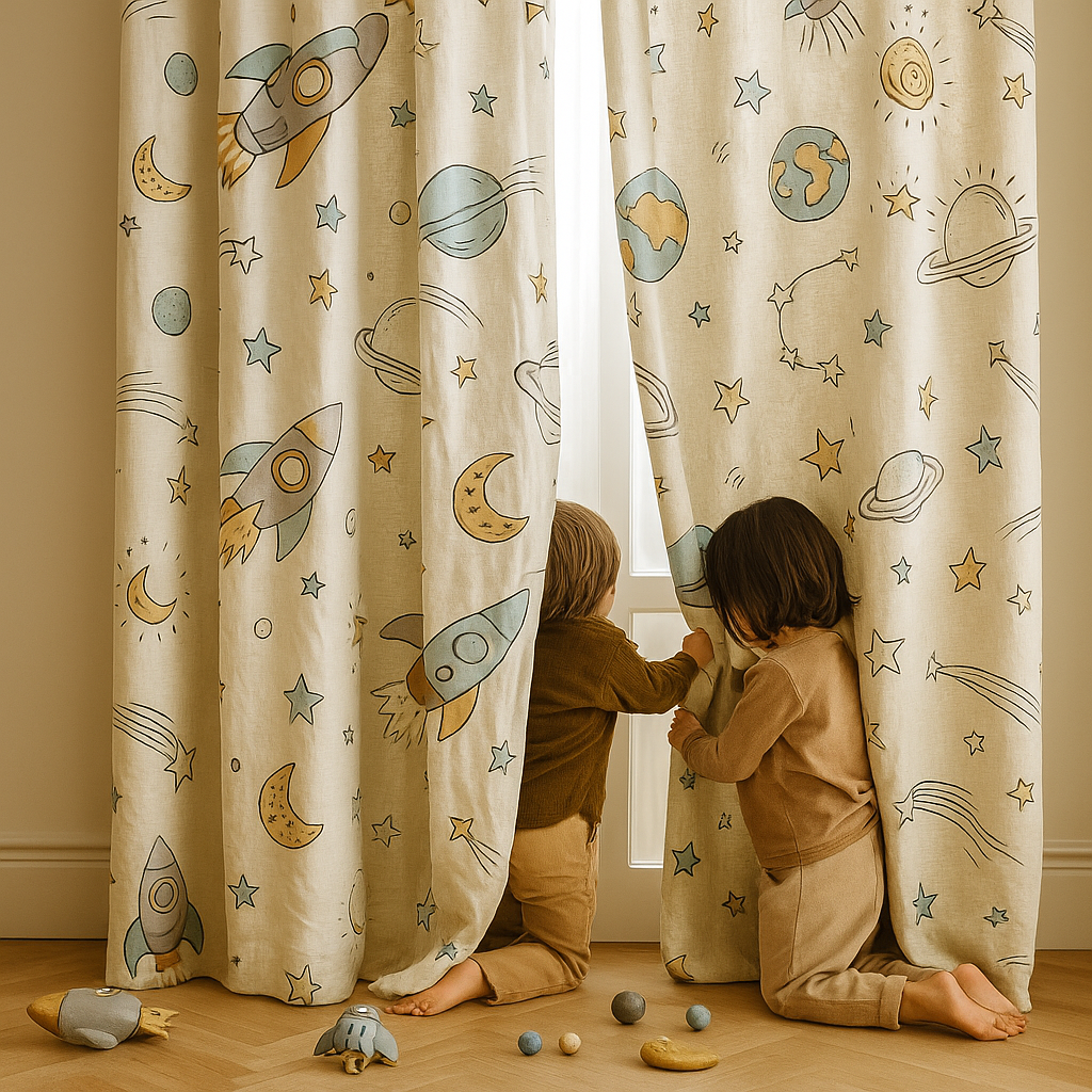 Vaikiškos lininės užuolaidos su raketų raštu – natūralus linas, individualūs išmatavimai, šviesos filtravimo arba užtemdymo pamušalas