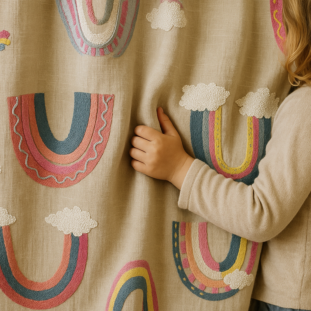 Rainbow Embroidered Linen Curtains for Kids — Custom Sizes, Blackout or Light Filtering Options-0