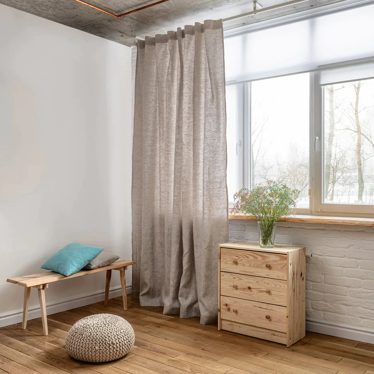 Natūralios organinės lino užuolaidos – pusiau permatomos, ne dažytos, standartiniai ir individualūs dydžiai