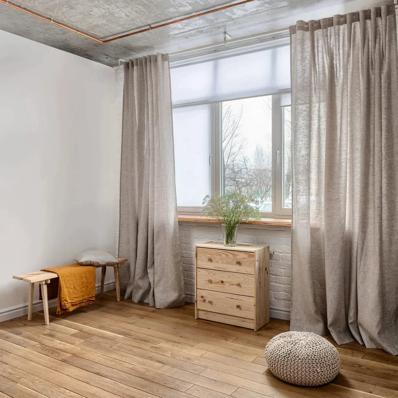 Natūralios organinės lino užuolaidos – pusiau permatomos, ne dažytos, standartiniai ir individualūs dydžiai