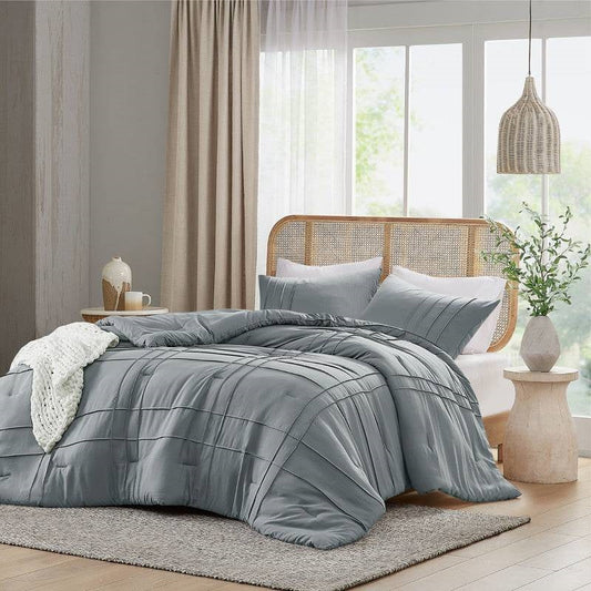 King size Pleated Pre-Washed Microfiber Comforter Set in Blue Grey-0