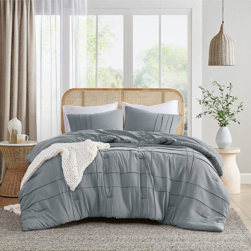 King size Pleated Pre-Washed Microfiber Comforter Set in Blue Grey-1