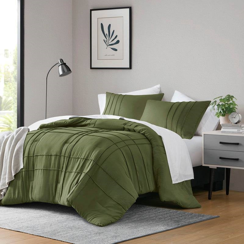 Queen size Microfiber Pleated Soft Lightweight Comforter Set in Olive Green-1