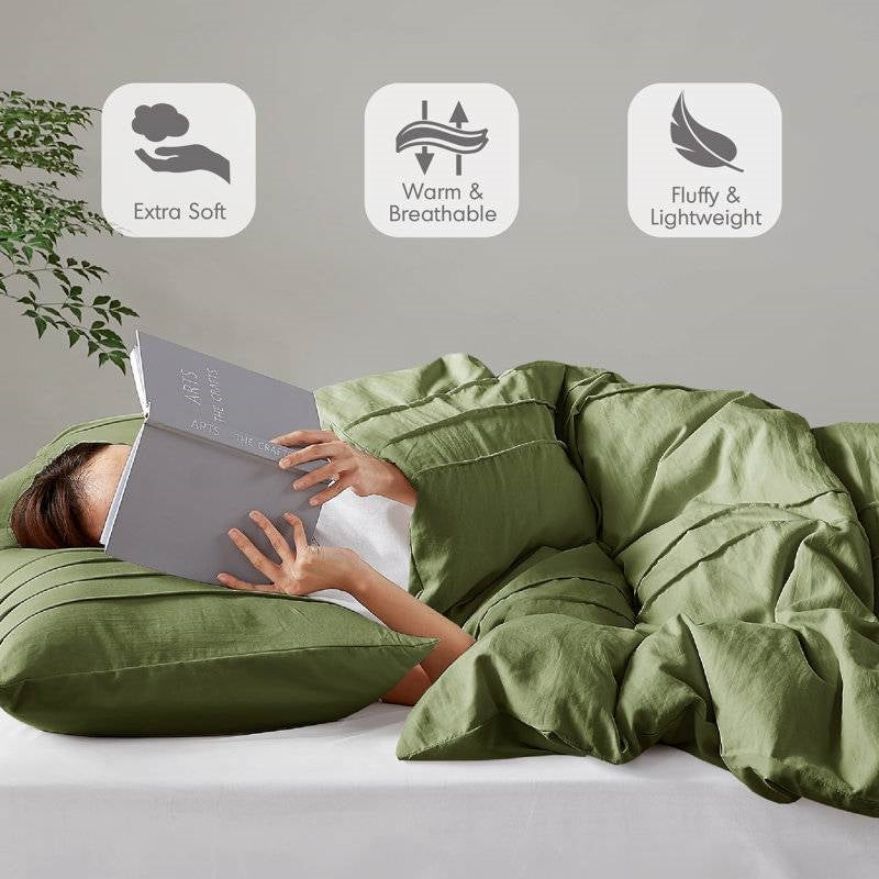 Queen size Microfiber Pleated Soft Lightweight Comforter Set in Olive Green-2