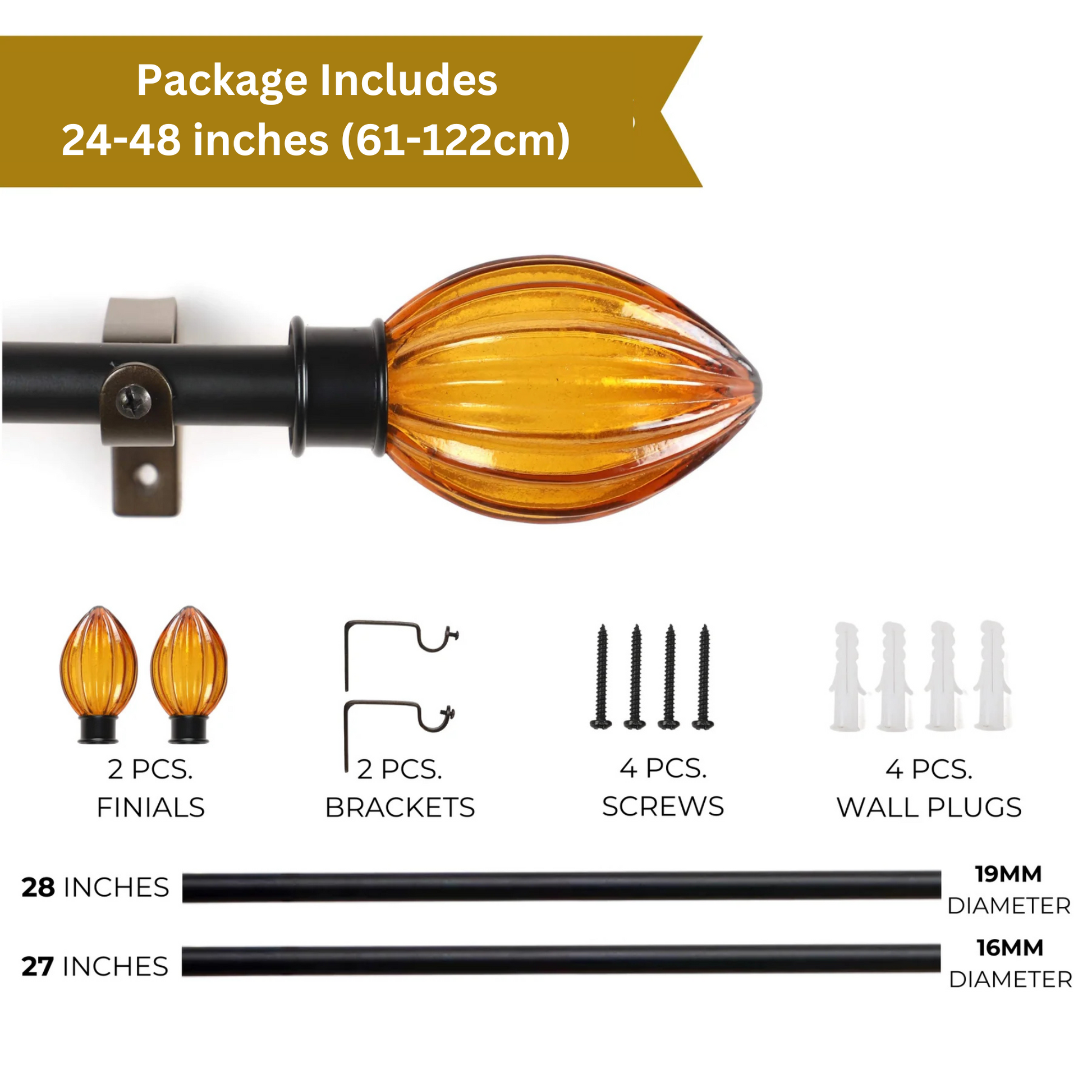 White Extendable Curtain Pole | Spiral Cage Finials | 61-366cm-2