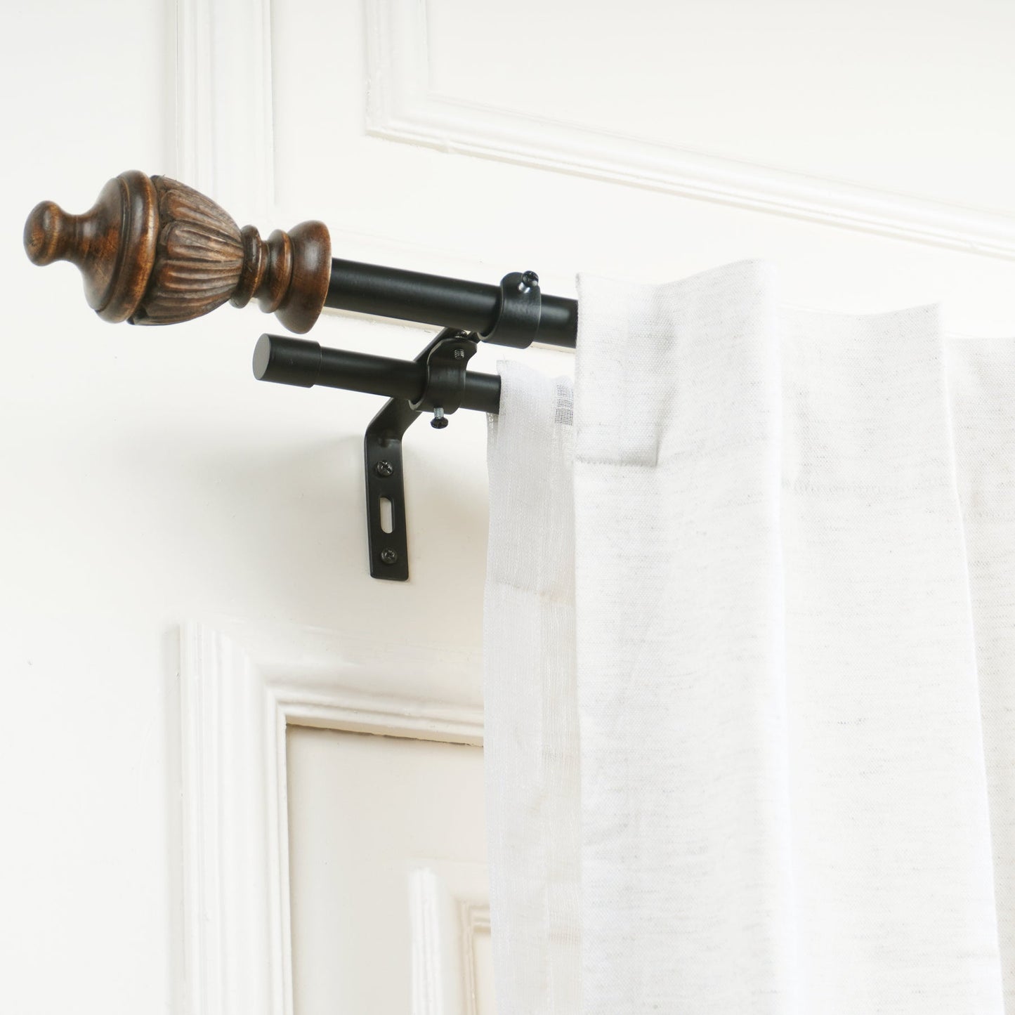 Black Metal Double Curtain Rod Set with Elegant Wooden Urn Finials | Extendable & Adjustable-0