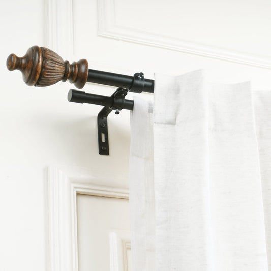 Black Metal Double Curtain Rod Set with Elegant Wooden Urn Finials | Extendable & Adjustable-0