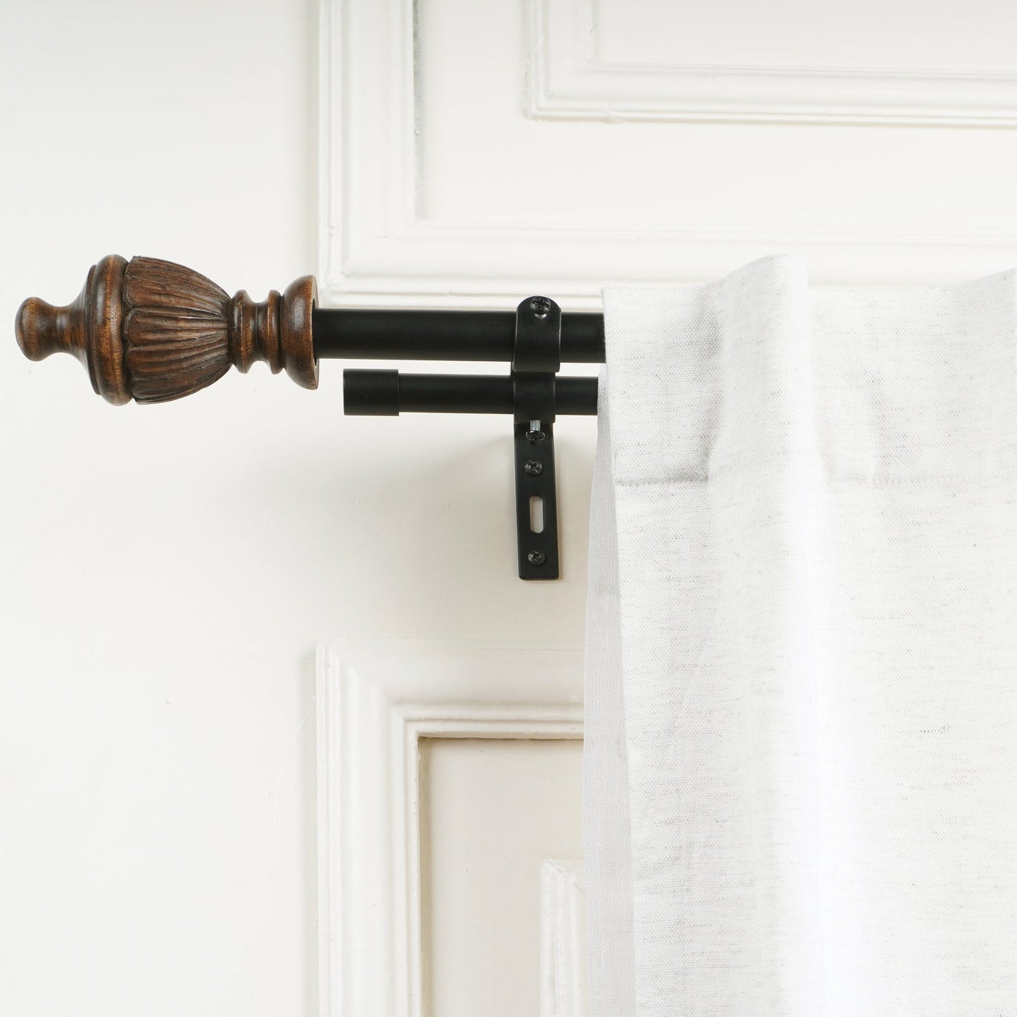 Black Metal Double Curtain Rod Set with Elegant Wooden Urn Finials | Extendable & Adjustable-1