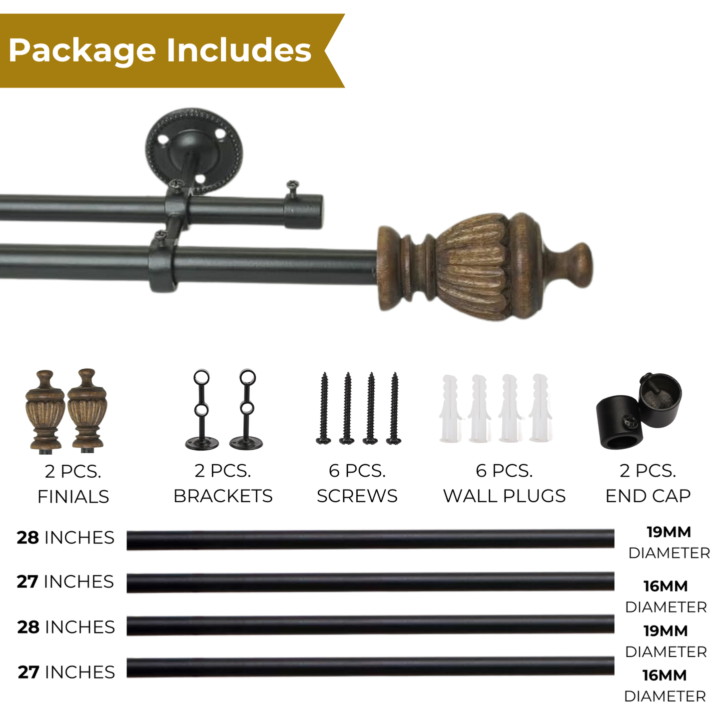 Black Metal Double Curtain Rod Set with Elegant Wooden Urn Finials | Extendable & Adjustable-4
