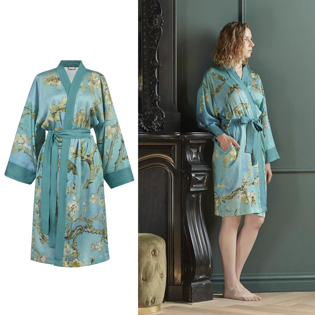 NNEDSZ Bedding House Van Gogh Almond Blossom Blue Kimono Bath Robe Small/Medium