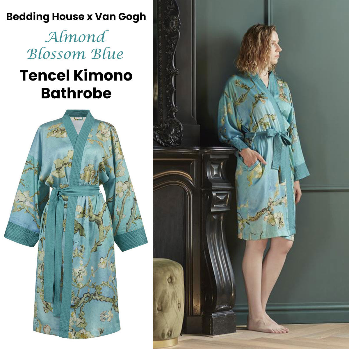 NNEDSZ Bedding House Van Gogh Almond Blossom Blue Kimono Bath Robe Small/Medium