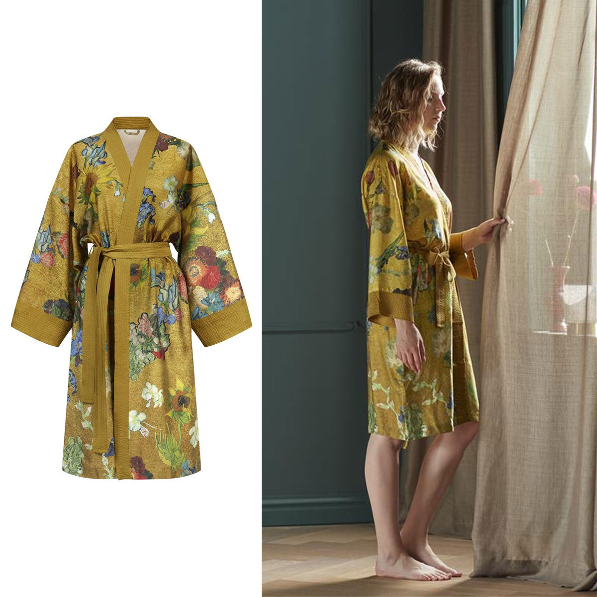 „Van Gogh Partout des Fleurs“ auksinis kimono chalatas