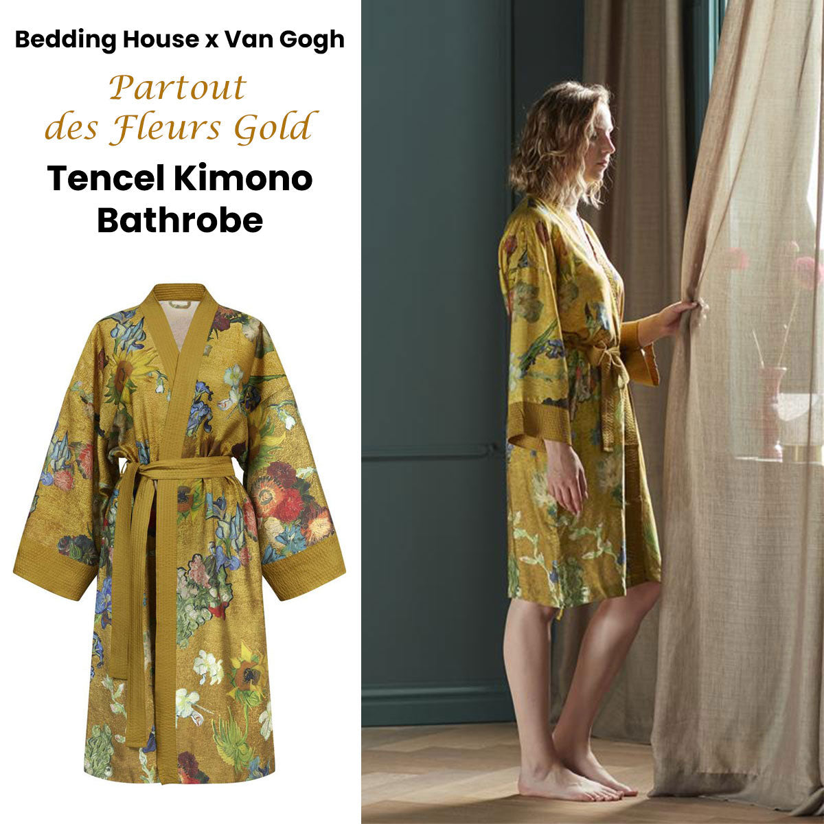 „Van Gogh Partout des Fleurs“ auksinis kimono chalatas