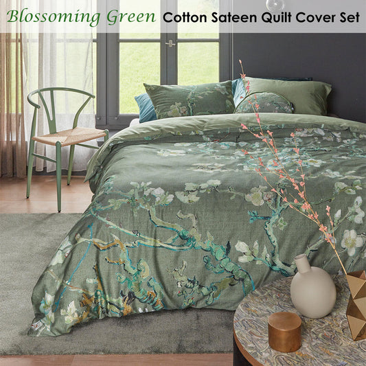 NNEDSZ Bedding House Blossoming Green Cotton Sateen Quilt Cover Set Queen