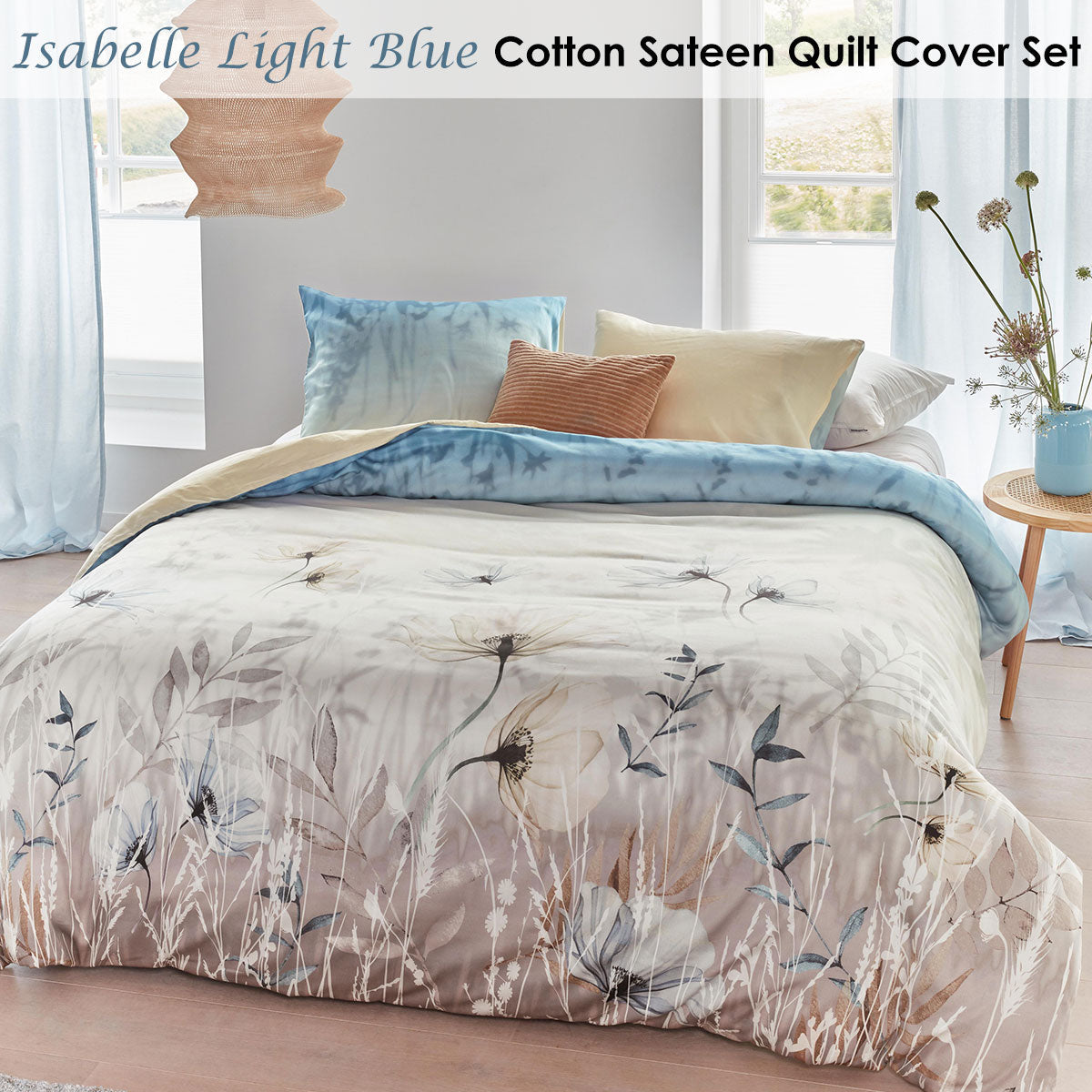 NNEDSZ Bedding House Isabelle Light Blue Cotton Sateen Quilt Cover Set King