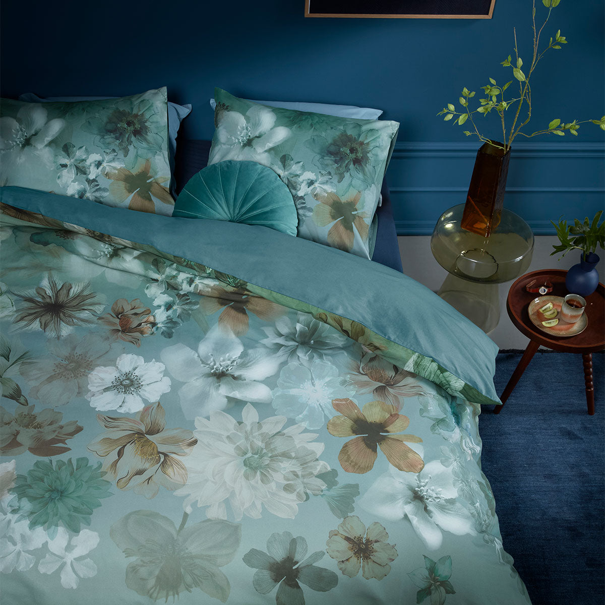 NNEDSZ Bedding House Lou Blue Green Cotton Floral Quilt Cover Set Queen