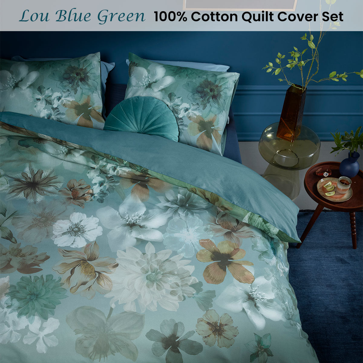 NNEDSZ Bedding House Lou Blue Green Cotton Floral Quilt Cover Set Queen