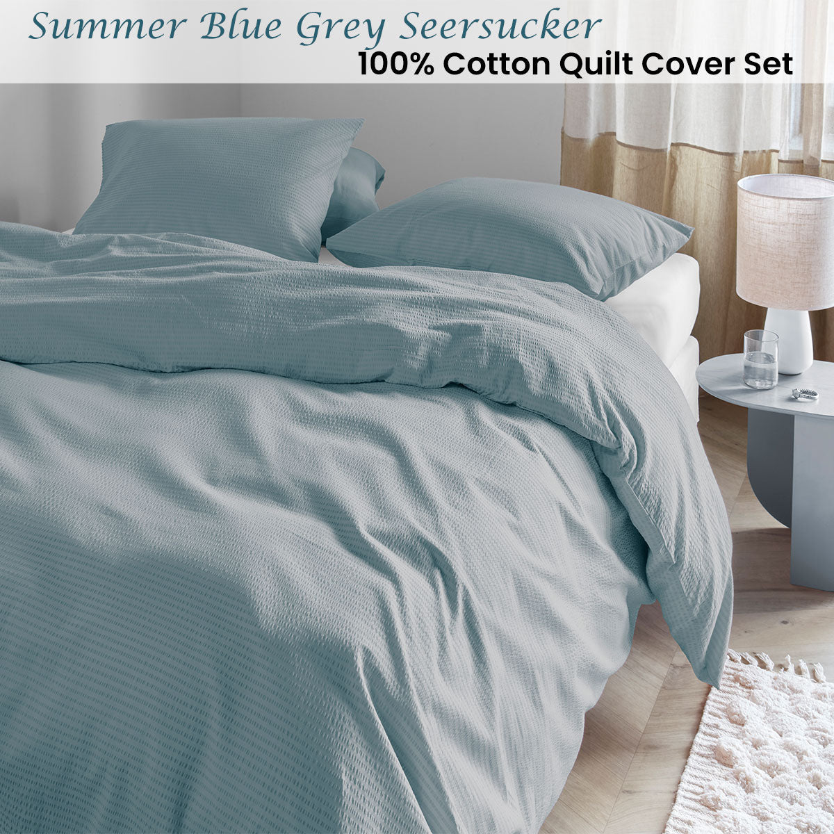 NNEDSZ Bedding House Summer Blue Grey Seersucker Cotton Quilt Cover Set King