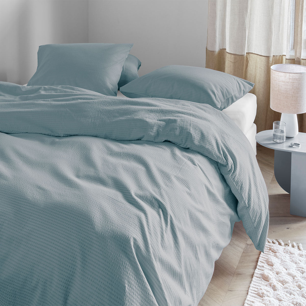 NNEDSZ Bedding House Summer Blue Grey Seersucker Cotton Quilt Cover Set Queen