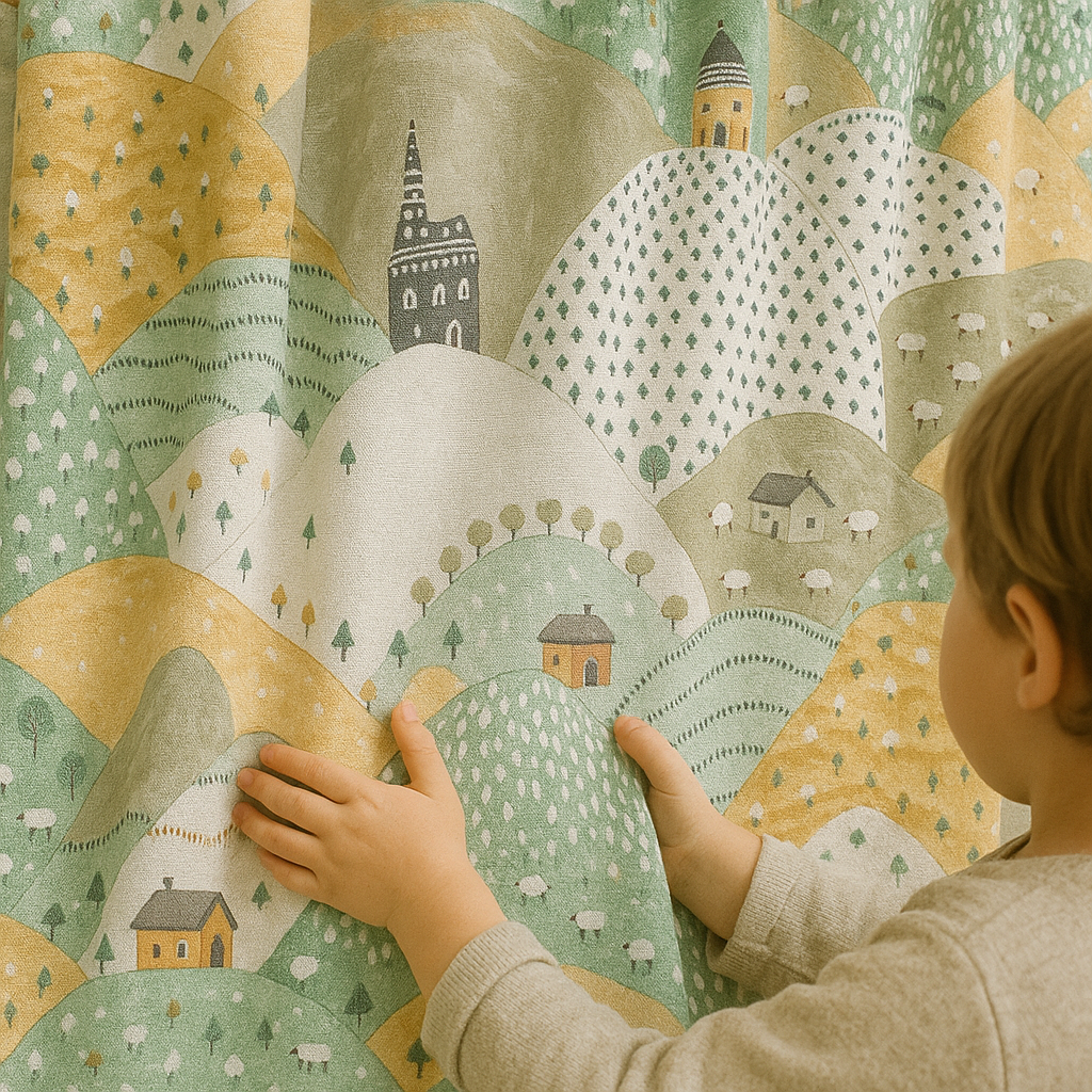 Lininės užuolaidos vaikų kambariui su kaimo peizažo raštu – 5 spalvos – su blackout arba medvilniniu pamušalu