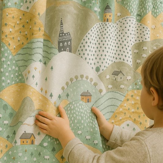 Lininės užuolaidos vaikų kambariui su kaimo peizažo raštu – 5 spalvos – su blackout arba medvilniniu pamušalu