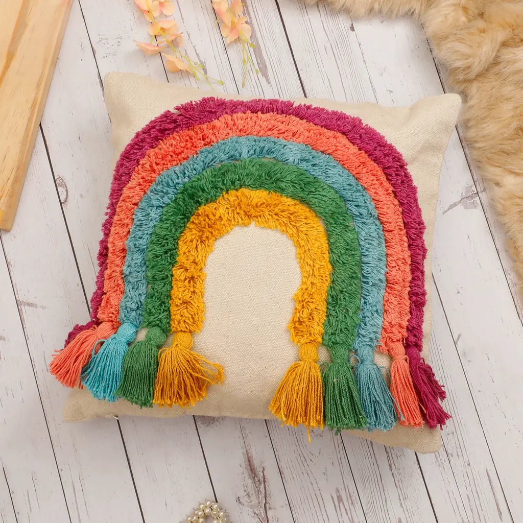 Rainbow Cushion Cover | Cotton | Tufted Tassels | Colorful Boho Decor | 40x40cm-1