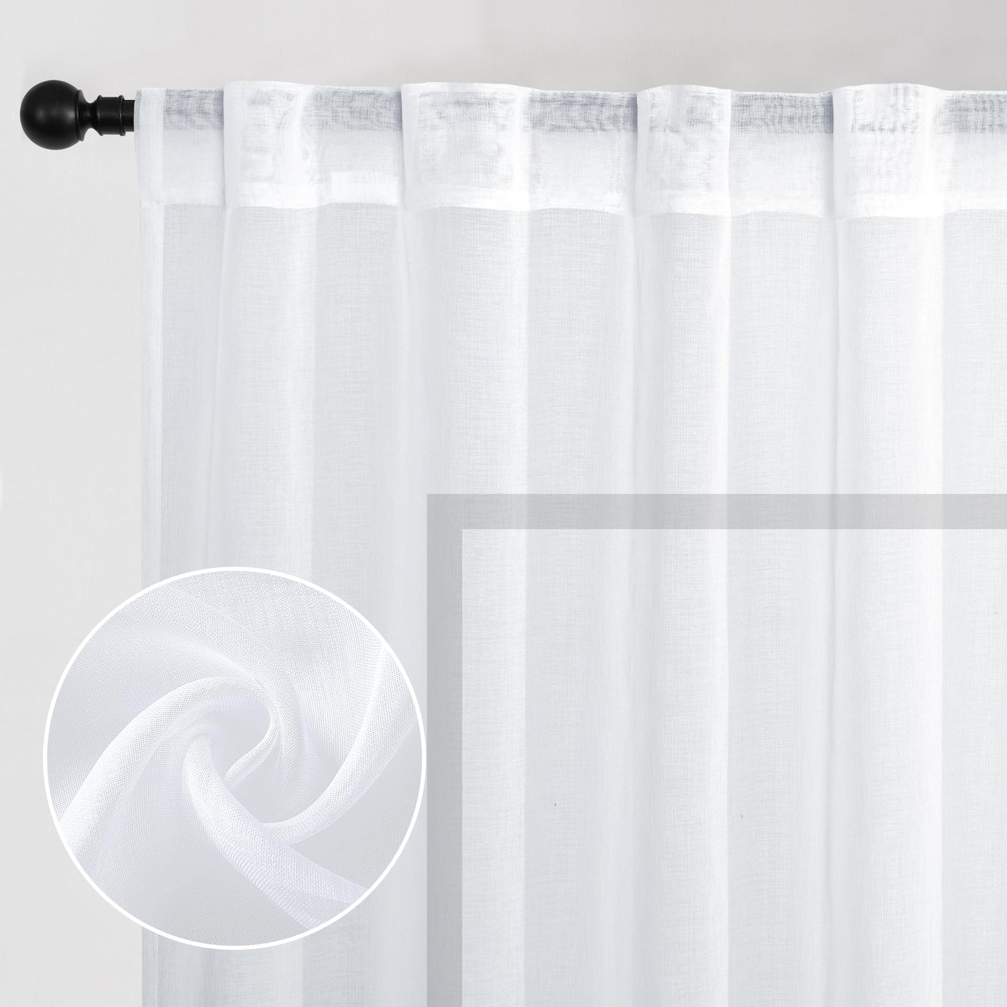 DWCN White Faux Linen Sheer Curtains with Tiebacks, Set of 2 Panels-1