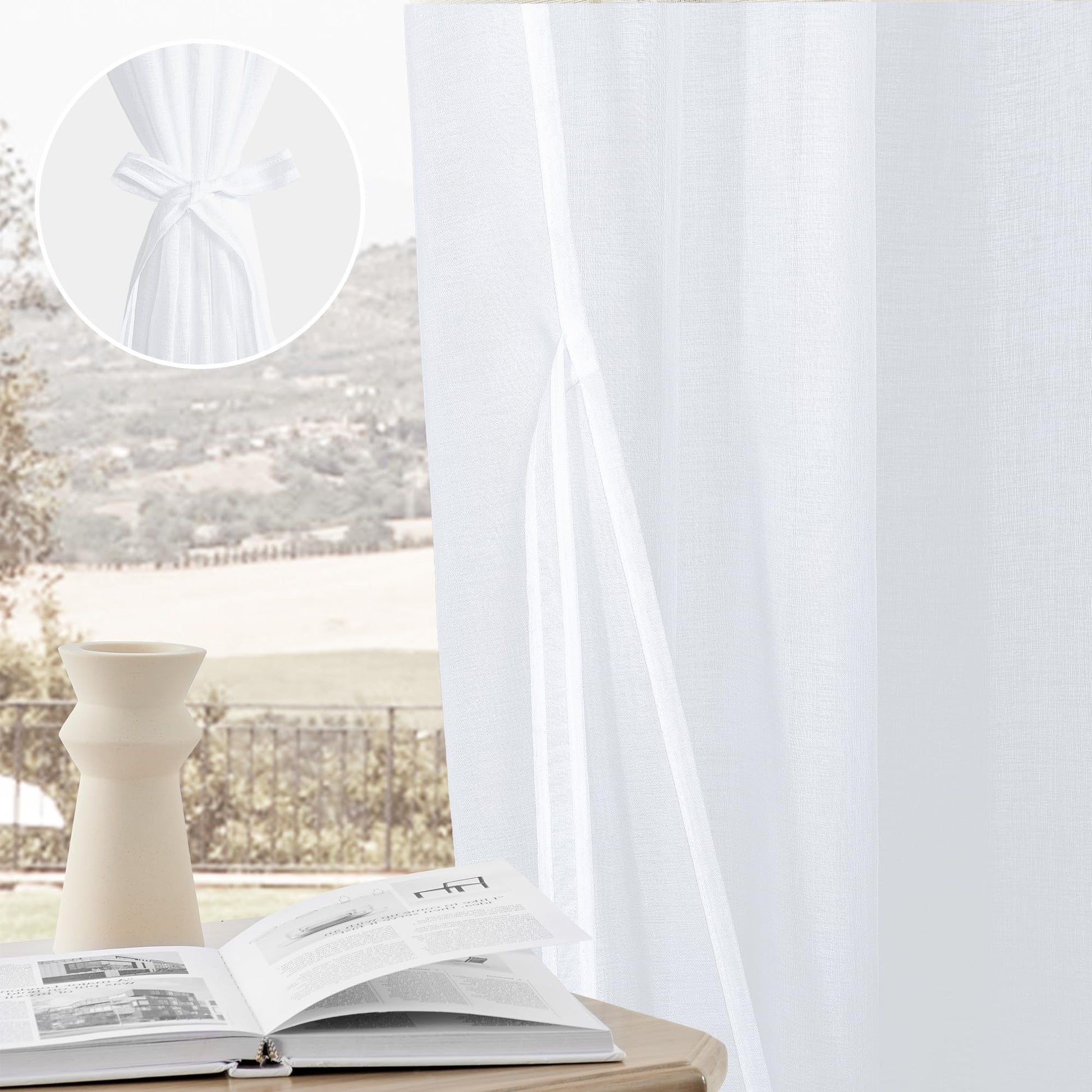 DWCN White Faux Linen Sheer Curtains with Tiebacks, Set of 2 Panels-3